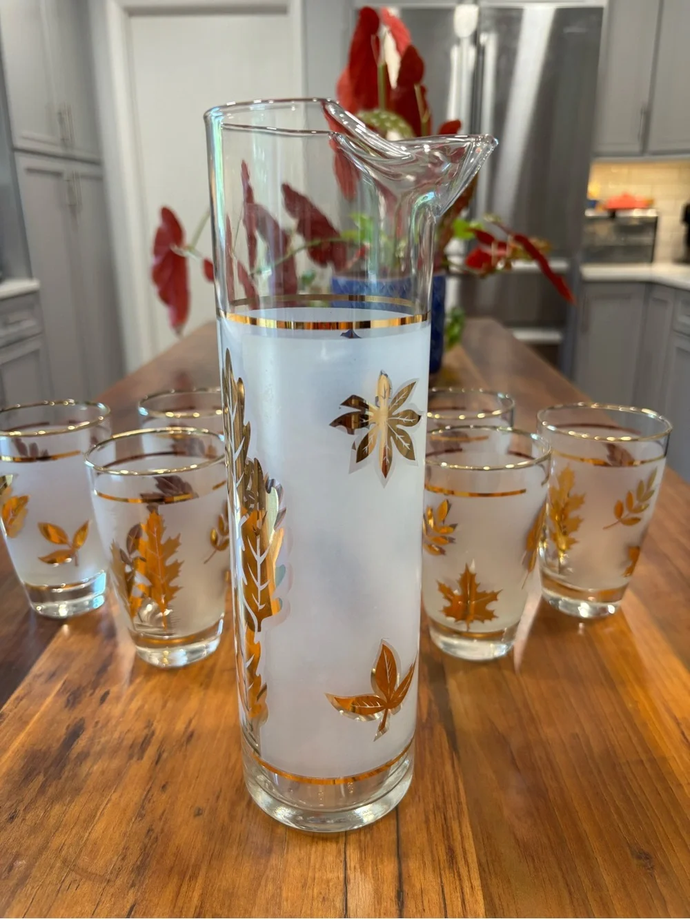 Vintage MCM Libbey Golden Foliage Frosted Pitcher & Glass Barware Set